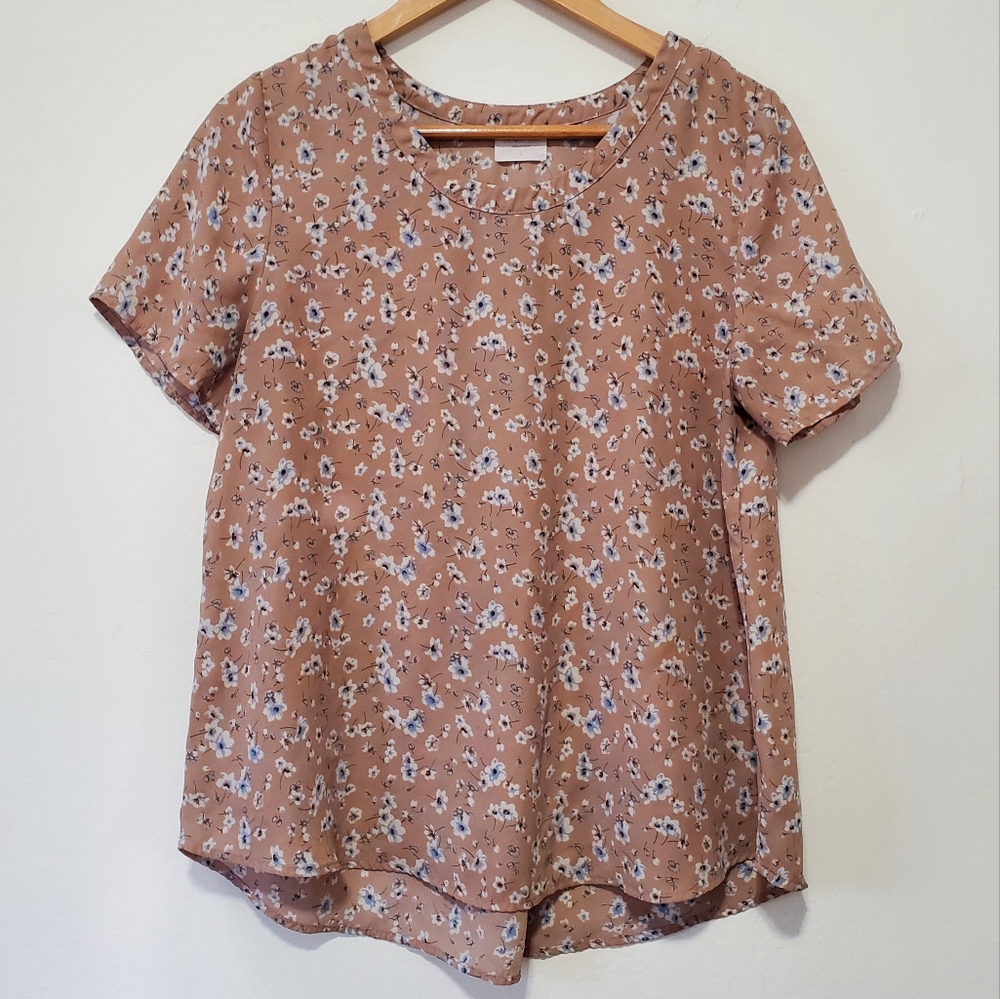 All Tan Top w/ Blue Floral Print Top